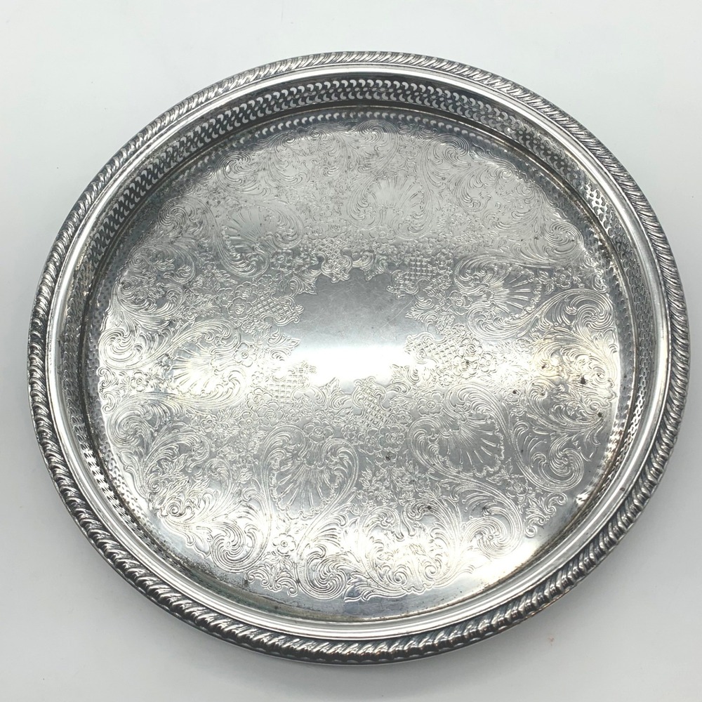 Vintage WM Rogers "Spring Flower" Silverplate 15" Round Pierced Gallery Tray